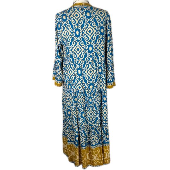 Venice 3 Stars Sz M Long-Sleeve Maxi Dress Soft Blue Gold V-Neck Blue Gold Boho - Picture 2 of 9